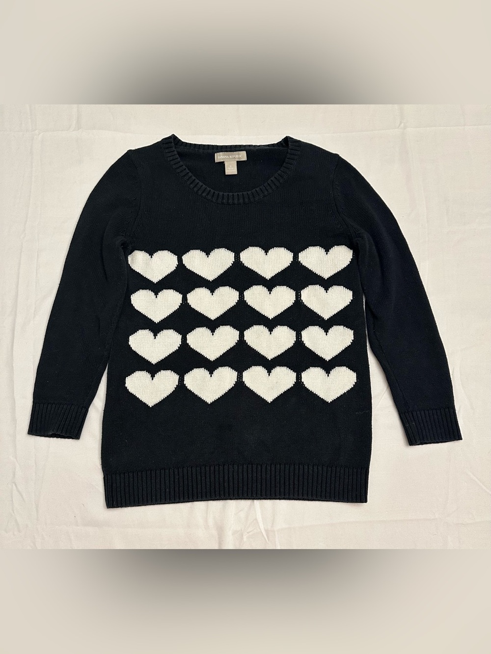 Banana Republic Black White Heart Knit Crewneck Sweater Sm Coquette Whimsigoth